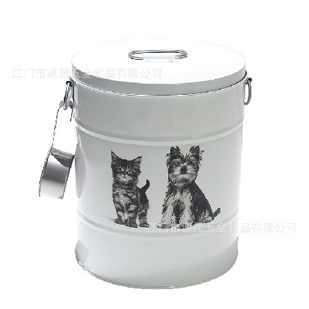定制10kg宠物储粮桶 白色配铁勺密封猫粮桶 镀锌铁狗粮桶